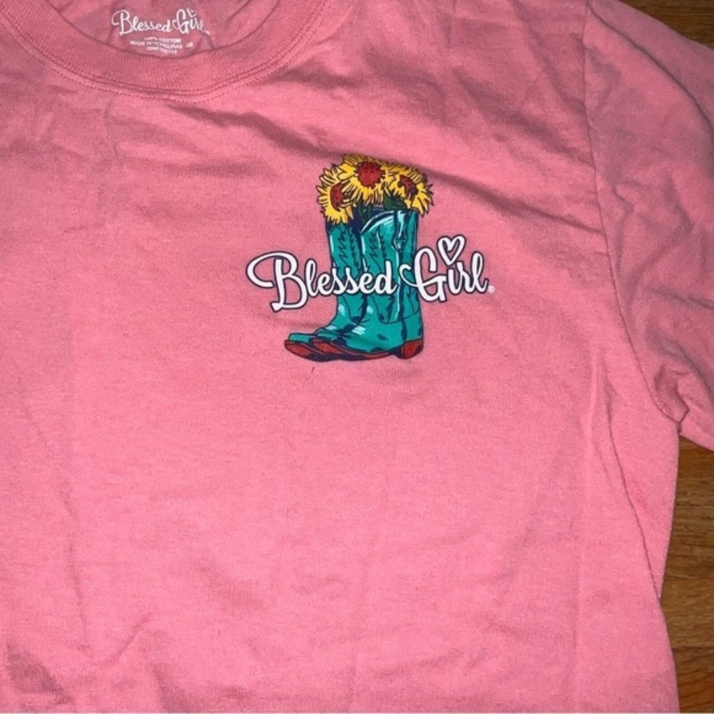 Blessed Girl Small Pink Follow Jesus Cowboy Boots Sunflower Long Sleeve Shirt - Picture 3 of 5